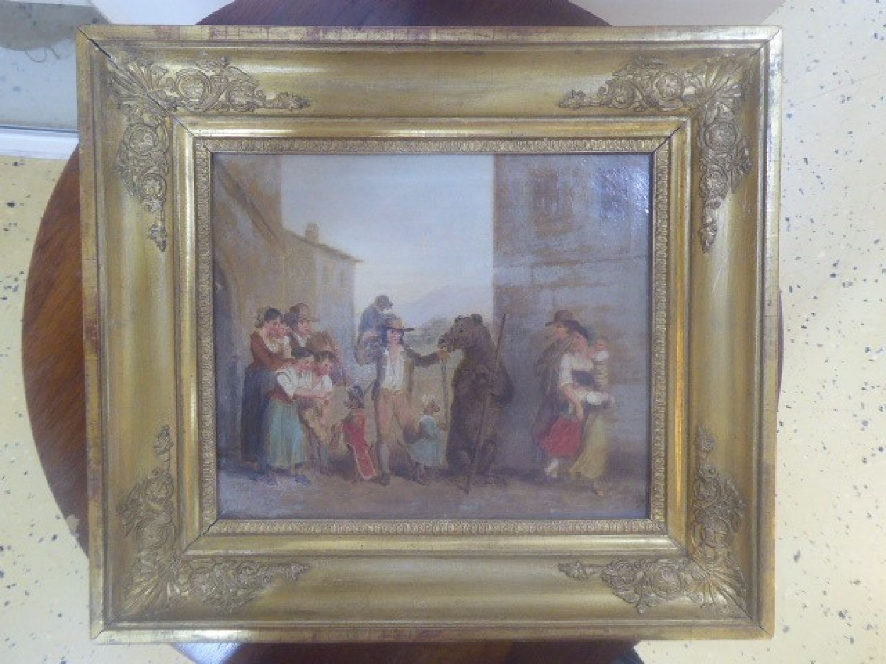 Detail a: Wohl Niederländischer Künstler, um 1830, zwei Pendants, Straßenkünstler/Gaukler in ital. Straßenansichten, Öl/Lwd, krakeliert, ältere ...
