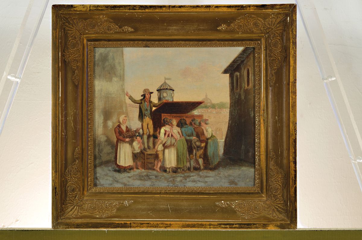 Detail k: Wohl Niederländischer Künstler, um 1830, zwei Pendants, Straßenkünstler/Gaukler in ital. Straßenansichten, Öl/Lwd, krakeliert, ältere ...