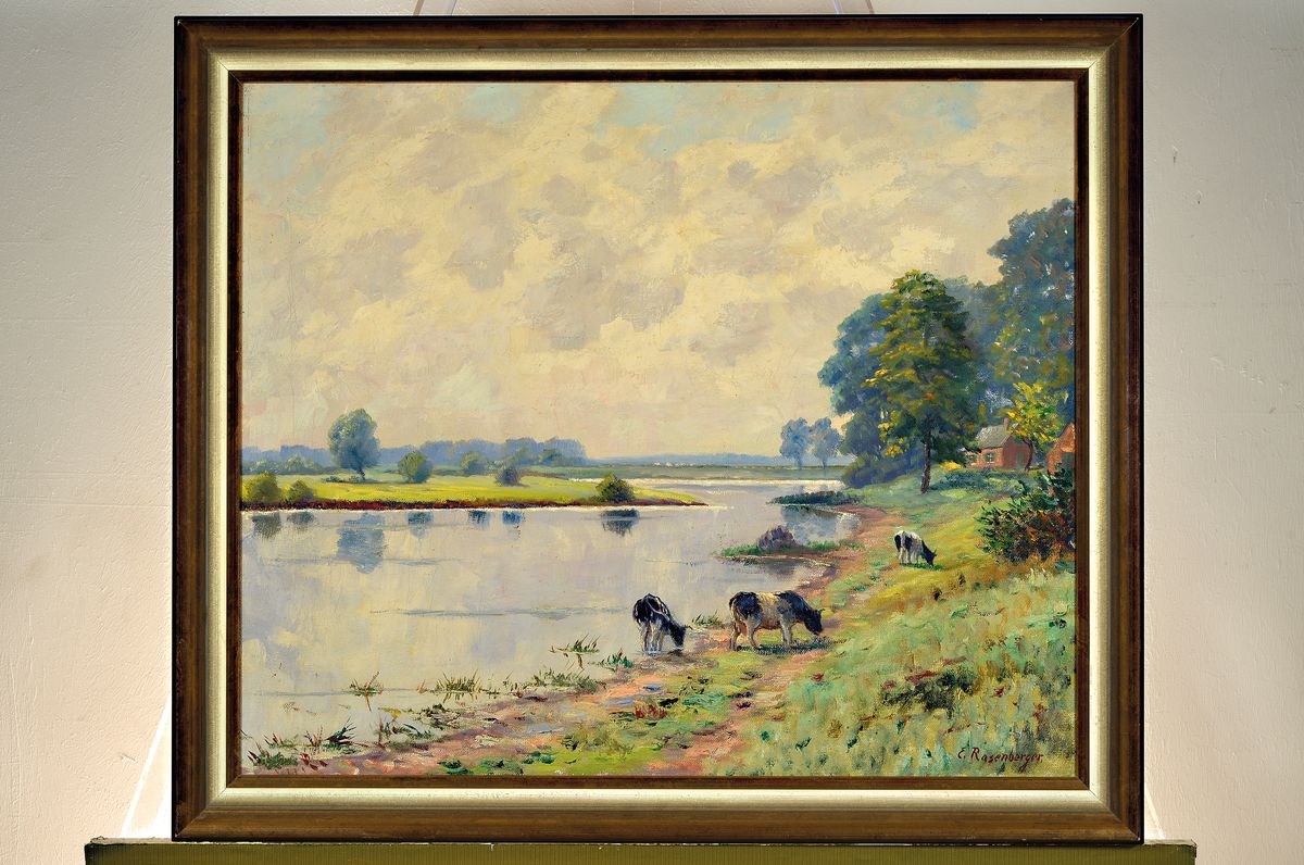 Detail k: E. Rasenberger, Maler der Düsseldorfer Schule, 1. Hälfte 20. Jh., Weidende Kühe am Flussufer, Öl/Lwd, rechts unten signiert, ca. 50x60cm, R. ca. ...