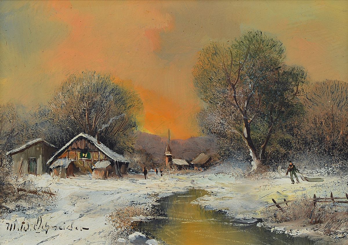 Michael W. Schneider, geb. 1933, Abendrot über Bauernhäusern am verschneiten Waldrand, Öl/Holz, links unten signiert, ca. 9x14cm, R. ca. 20x25cm