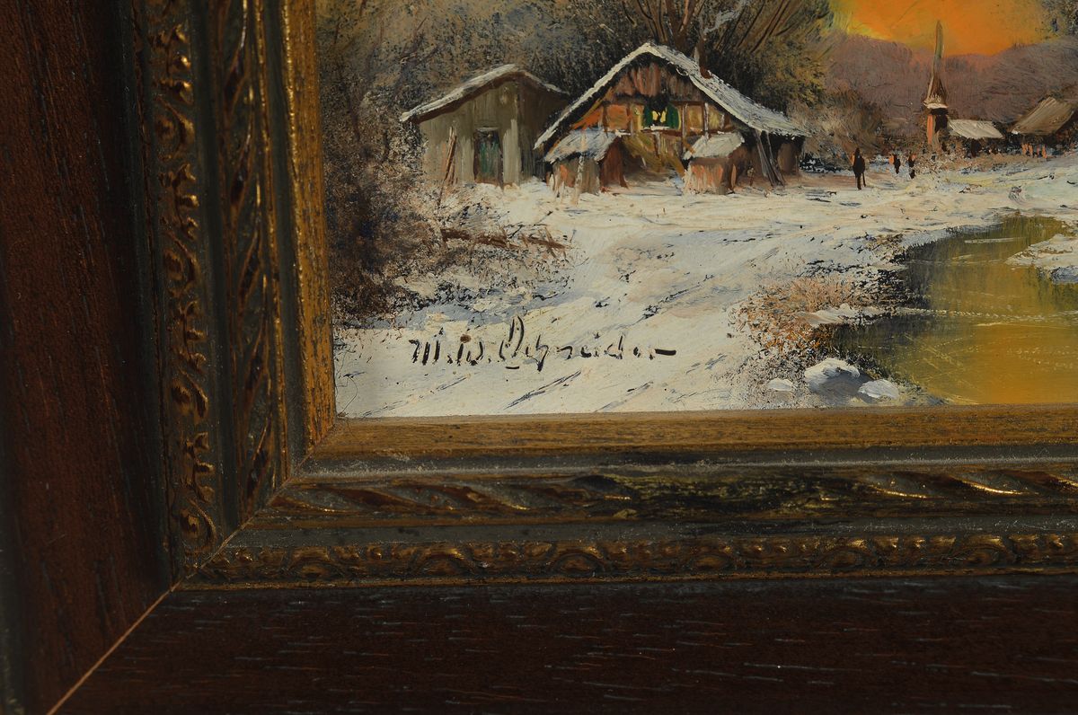 Detail a: Michael W. Schneider, geb. 1933, Abendrot über Bauernhäusern am verschneiten Waldrand, Öl/Holz, links unten signiert, ca. 9x14cm, R. ca. 20x25cm