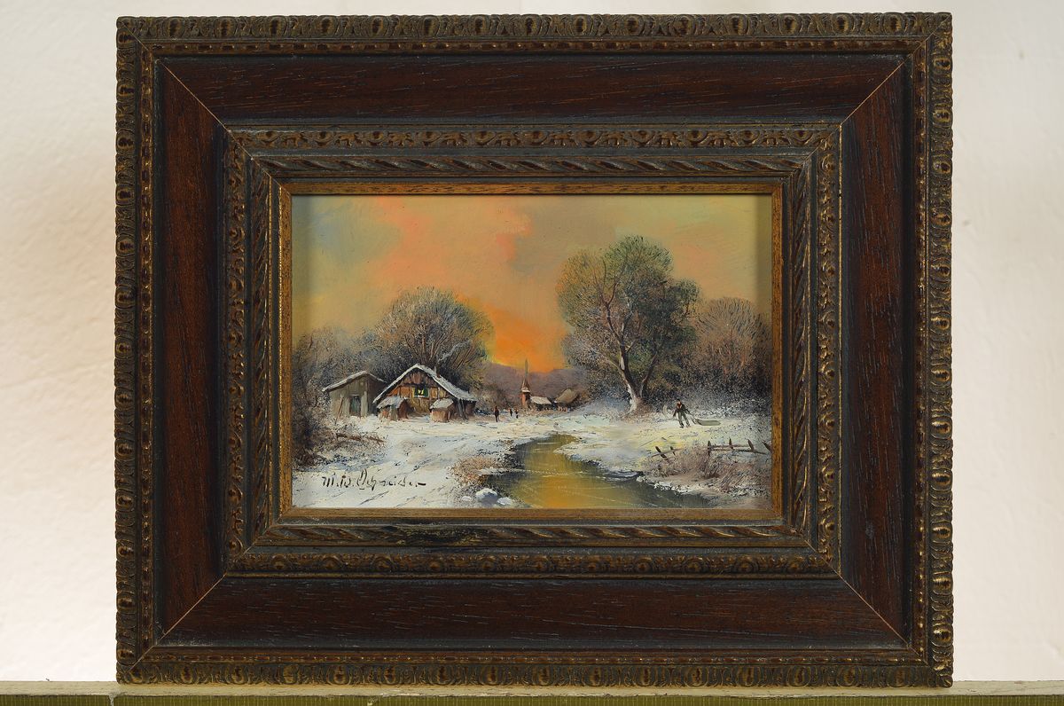 Detail k: Michael W. Schneider, geb. 1933, Abendrot über Bauernhäusern am verschneiten Waldrand, Öl/Holz, links unten signiert, ca. 9x14cm, R. ca. 20x25cm
