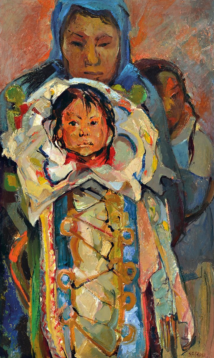 Safroß oder ähnlich, Inuit-Kunst, Mitte 20. Jh., Mutter mit Kindern, Öl/Malkarton, re. u. unleserlich signiert, 72 x 42 cm PP., Rahmen: 87 x 60 cm