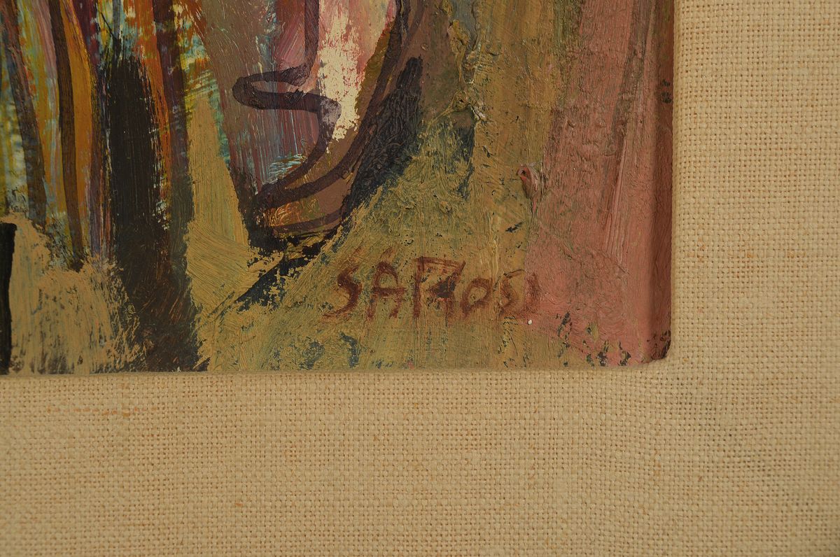 Detail a: Safroß oder ähnlich, Inuit-Kunst, Mitte 20. Jh., Mutter mit Kindern, Öl/Malkarton, re. u. unleserlich signiert, 72 x 42 cm PP., Rahmen: 87 x 60 cm