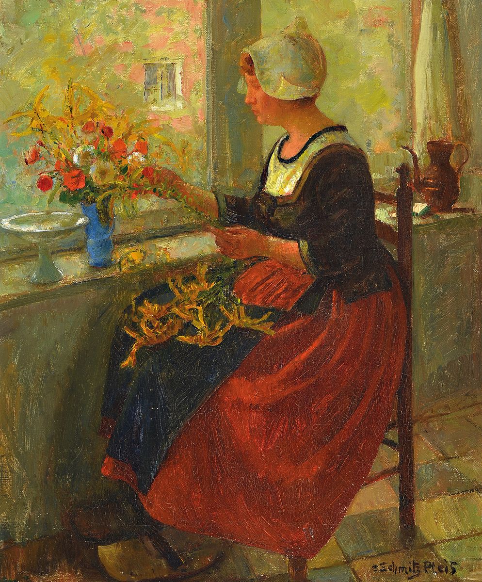 Carl Schmitz-Pleis, 1877 Süchterscheid-1943 Düsseldorf, junge Holländerin mit Blumenstrauß am Fenster, Öl/Lwd, starker impressionistischer ...