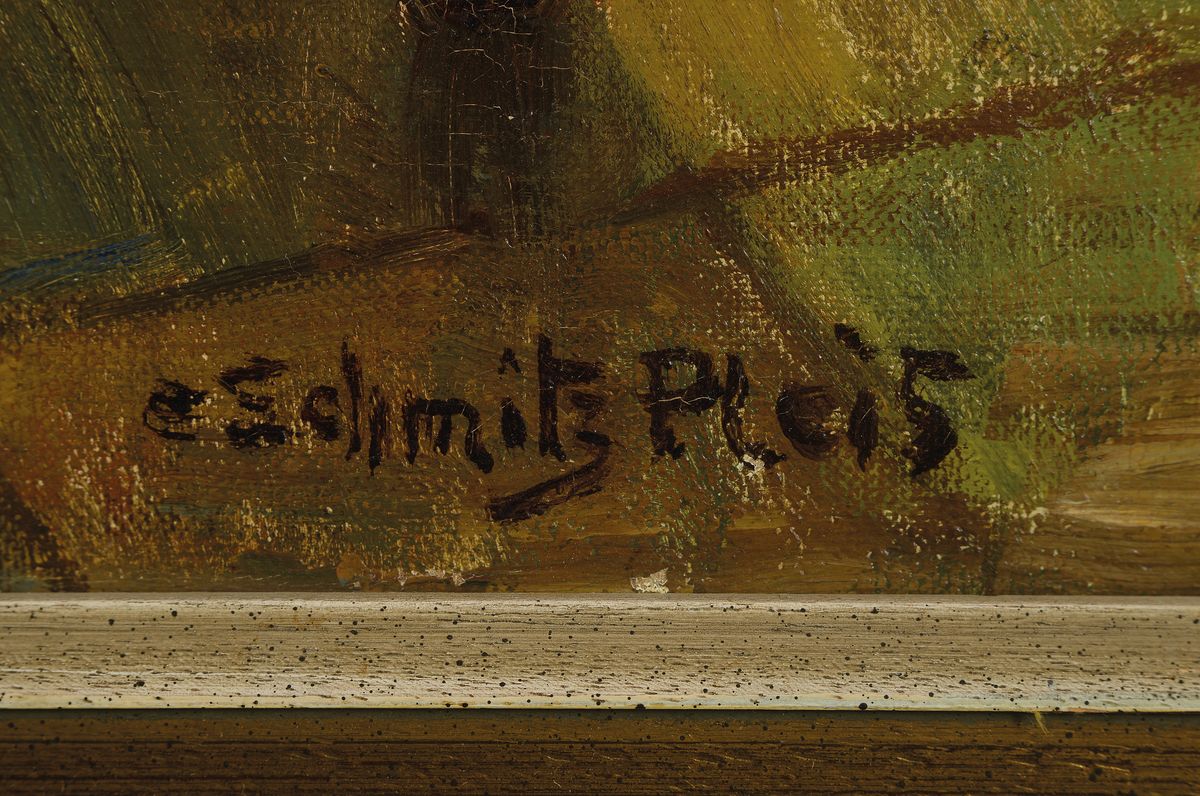 Detail a: Carl Schmitz-Pleis, 1877 Süchterscheid-1943 Düsseldorf, junge Holländerin mit Blumenstrauß am Fenster, Öl/Lwd, starker impressionistischer ...