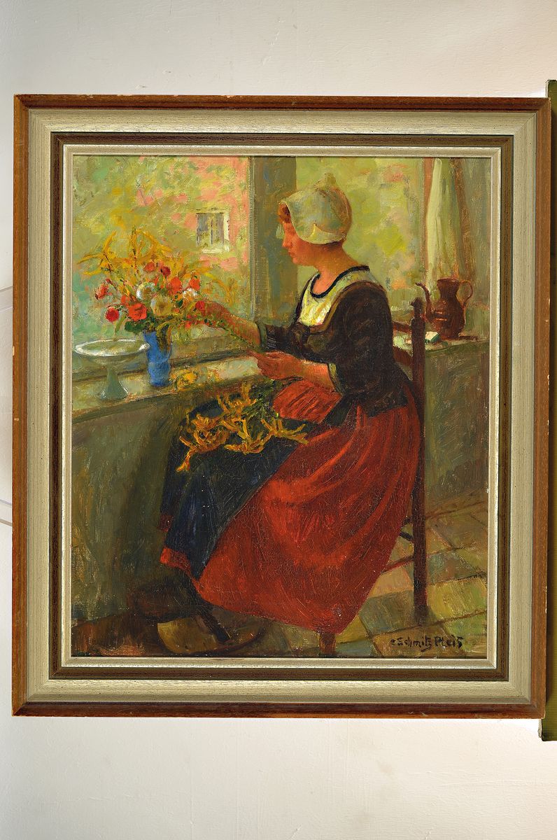 Detail k: Carl Schmitz-Pleis, 1877 Süchterscheid-1943 Düsseldorf, junge Holländerin mit Blumenstrauß am Fenster, Öl/Lwd, starker impressionistischer ...