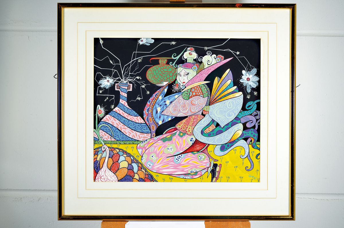 Detail k: Toller Cranston, 1949-2015, kanadischer Eiskunstläufer und Künstler, Geisha mit Gefäß, Gouache auf Papier, re.u. signiert und dat. 85, ca. 47 x ...