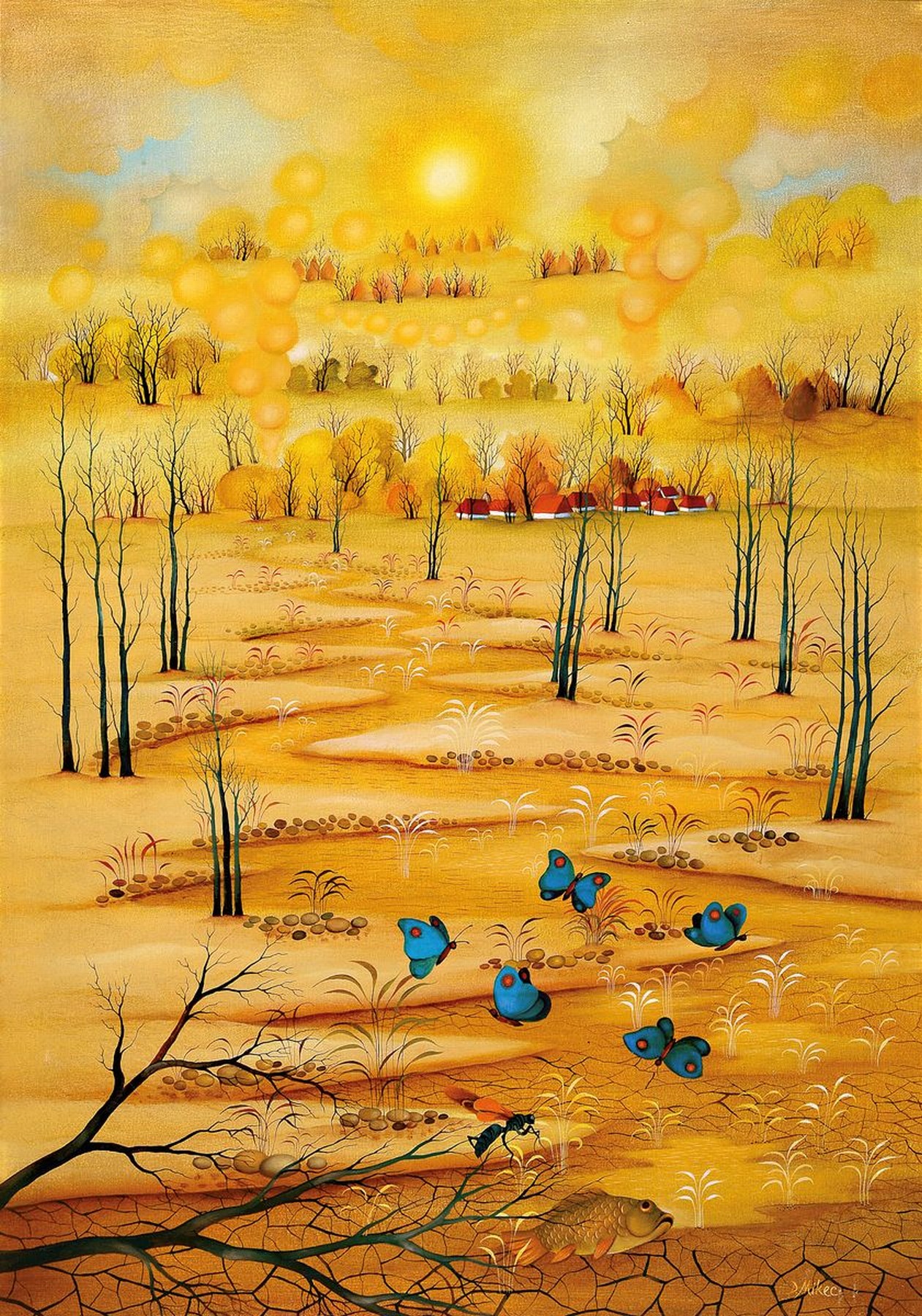 Dragotin Mikec, geb. 1945 Donjem Hrascanu, Naiven Malerei, Landschaftsdarstellung mit blauen Schmetterlingen, Öl/Lwd., verso auf Etikett bez. ...