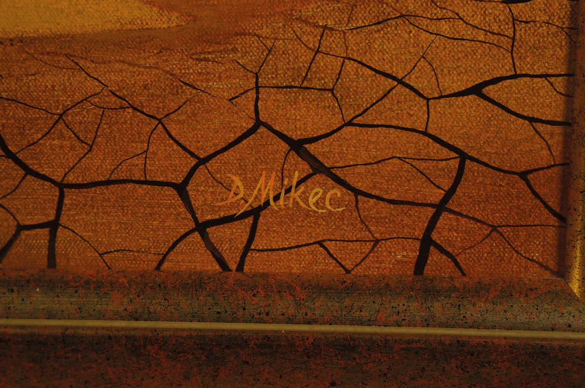 Detail a: Dragotin Mikec, geb. 1945 Donjem Hrascanu, Naiven Malerei, Landschaftsdarstellung mit blauen Schmetterlingen, Öl/Lwd., verso auf Etikett bez. ...