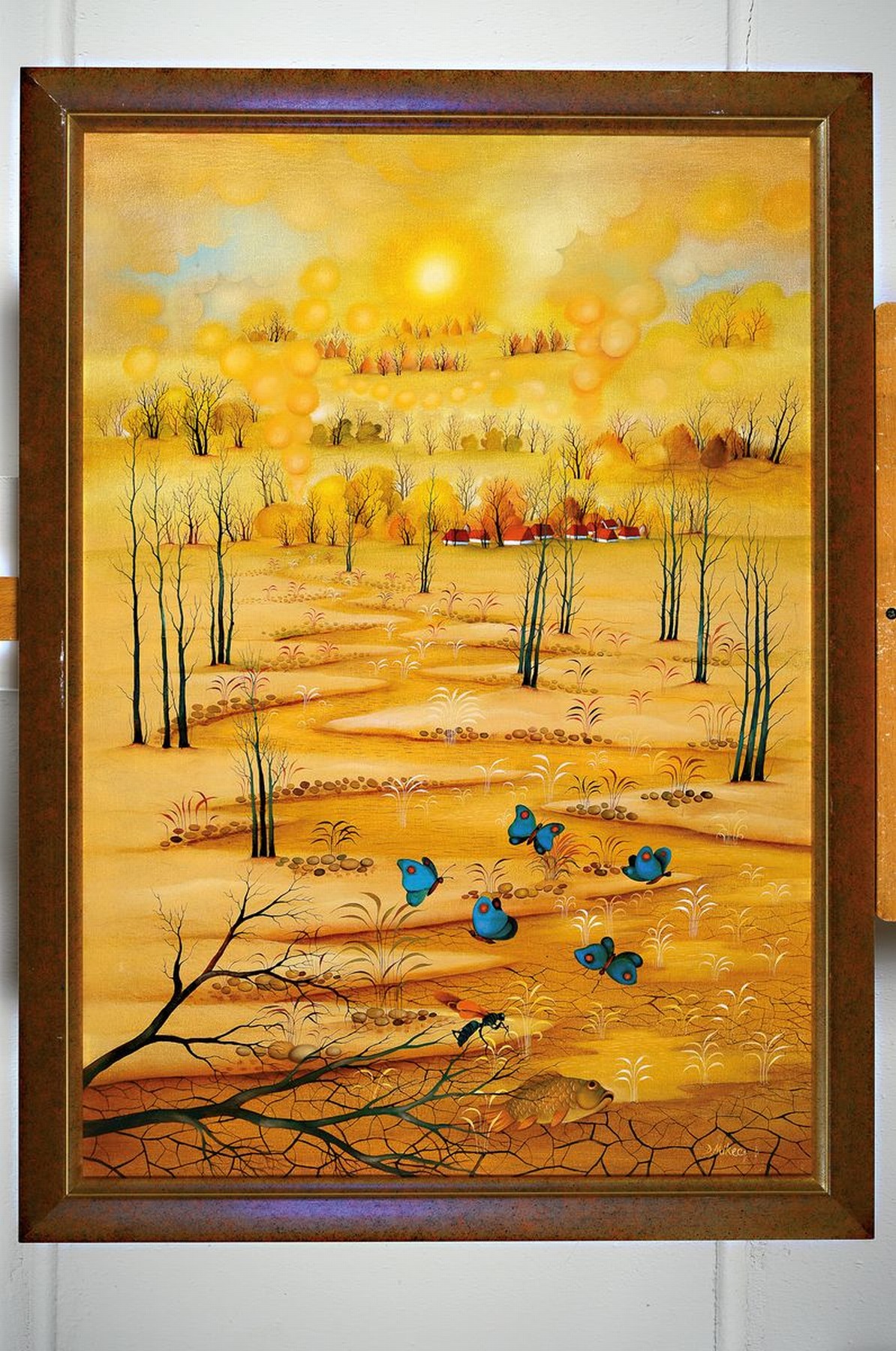 Detail k: Dragotin Mikec, geb. 1945 Donjem Hrascanu, Naiven Malerei, Landschaftsdarstellung mit blauen Schmetterlingen, Öl/Lwd., verso auf Etikett bez. ...