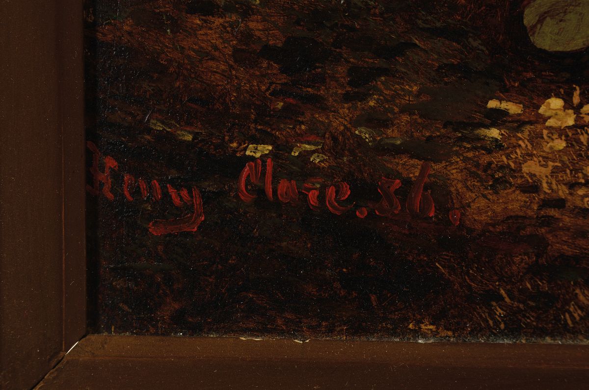 Detail a: Henry Clare, Maler des 19./20. Jh., Stillleben mit Stiefmütterchen in einem Flechtkorb und einem Vogelnest, Öl/Holz, ca. 45x35cm, Prunkrahmen ...