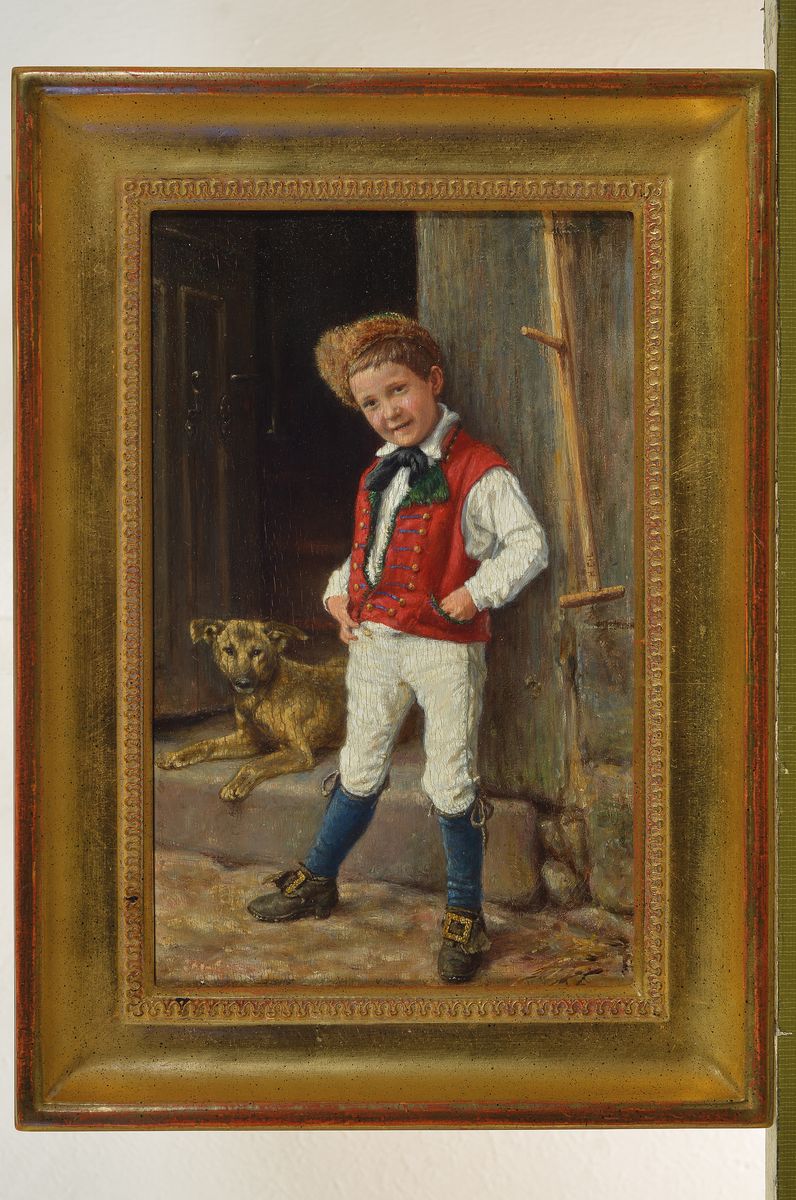Detail k: Unbekannter Künstler, deutsch, um 1900, Junge mit seinem Hund vor der Haustür, Öl/Holz, unsigniert, ca. 24x14.5cm, R.