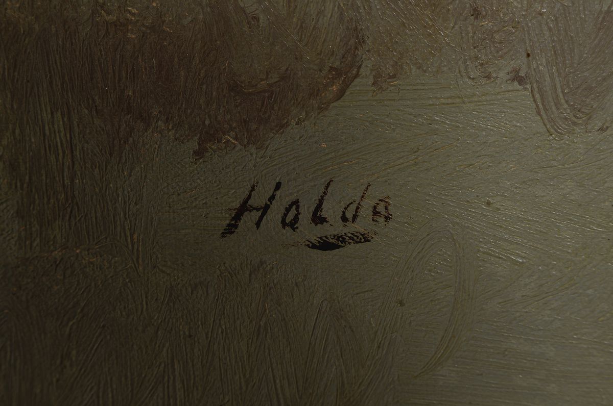 Detail a: Holda oder Halda, wohl 60/70er Jahre, Hafenansicht mit Booten und Personen, Öl/Lwd, re. u. signiert, l. Altersspuren, ca. 80 x 120 cm, Rahmen, 95 x ...