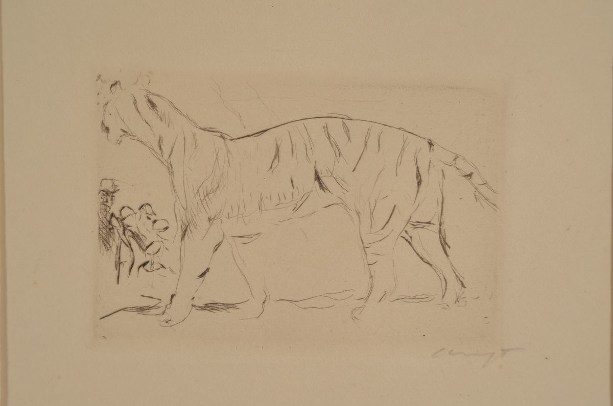 Detail m: Max Slevogt, 1868-1932, 4 Grafiken: 2 Lithographien auf dünnem Papier, davon eine u.Gl., R., 2 Radierungen mit schreitendem bzw. liegendem Tiger, ...