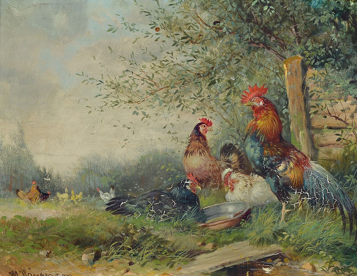 Max Hänger sen., 1874-1941, Hühnerhof, Öl/Holz, links unten signiert, krakeliert, ca. 16x21cm, R. ca. 28x33cm