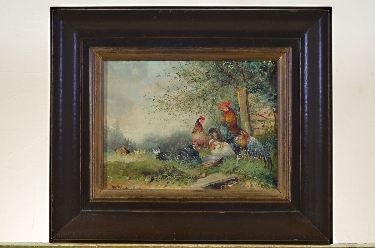 Detail k: Max Hänger sen., 1874-1941, Hühnerhof, Öl/Holz, links unten signiert, krakeliert, ca. 16x21cm, R. ca. 28x33cm
