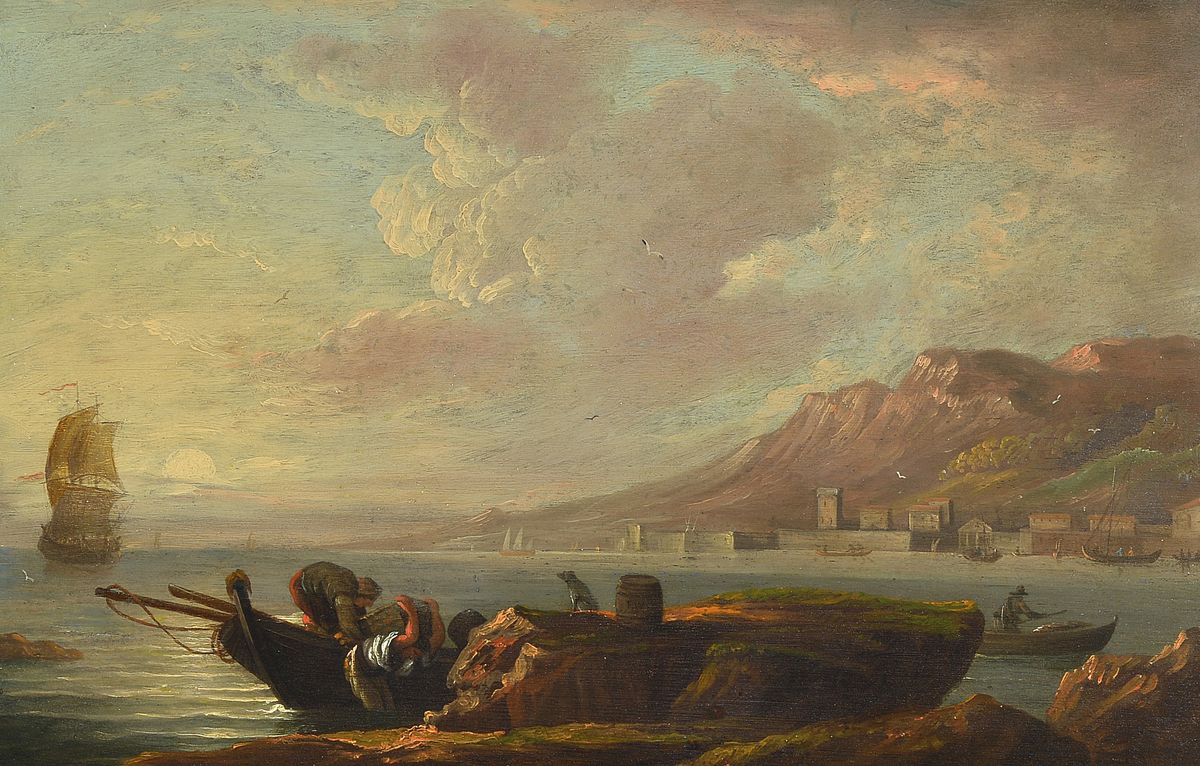 Zuschreibung: Thomas Wyck, Haarlem 1616-1677, Küstenlandschaft, Fischer beim Entladen ihres Bootes, Öl/Holz, auf dem Fass monogrammiert TW, ca. ...