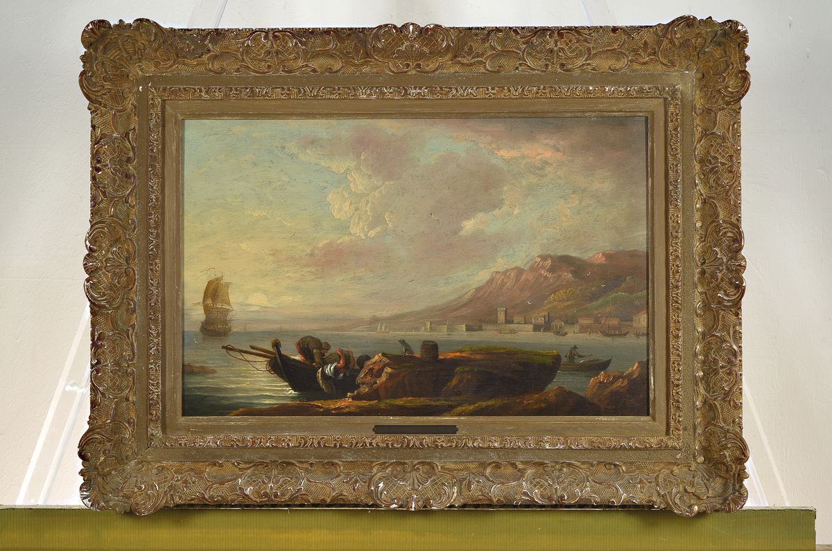 Detail k: Zuschreibung: Thomas Wyck, Haarlem 1616-1677, Küstenlandschaft, Fischer beim Entladen ihres Bootes, Öl/Holz, auf dem Fass monogrammiert TW, ca. ...