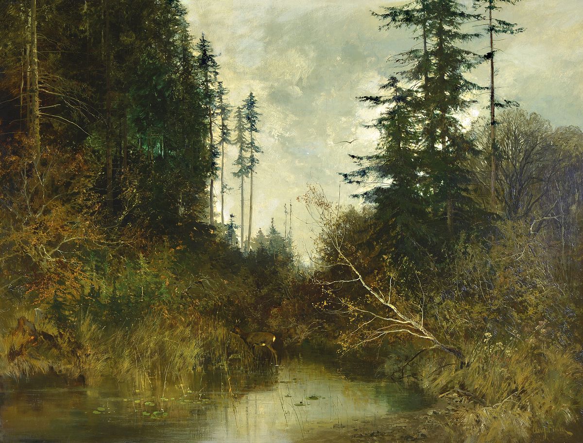 August Fink, 1846-1916 München, Studium bei Eduard Schleich und Adolf Stademann, Professur an der Akademie München, hier: Reh an einem Bachlauf im ...