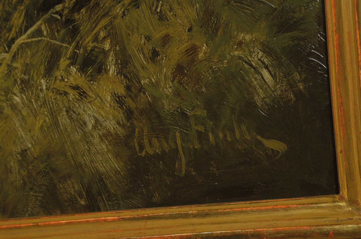 Detail a: August Fink, 1846-1916 München, Studium bei Eduard Schleich und Adolf Stademann, Professur an der Akademie München, hier: Reh an einem Bachlauf im ...