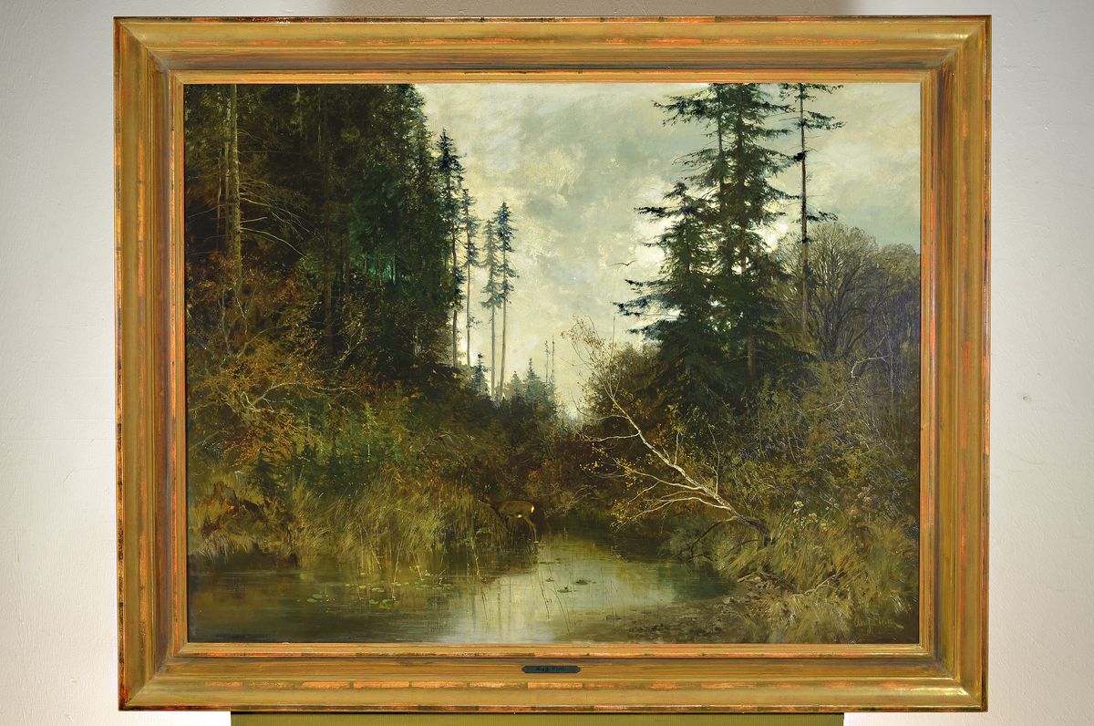 Detail k: August Fink, 1846-1916 München, Studium bei Eduard Schleich und Adolf Stademann, Professur an der Akademie München, hier: Reh an einem Bachlauf im ...