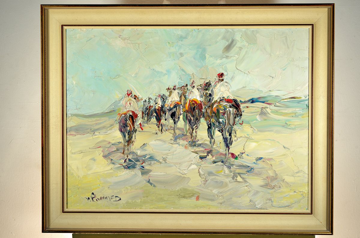 Detail k: Prof. Walter Prescher van Ed, 1916 Dresden-1988 Wiesbaden, Karawane in Nordafrika, rückseitig so betitelt, Öl/Lwd, expressive Spachteltechnik, ...
