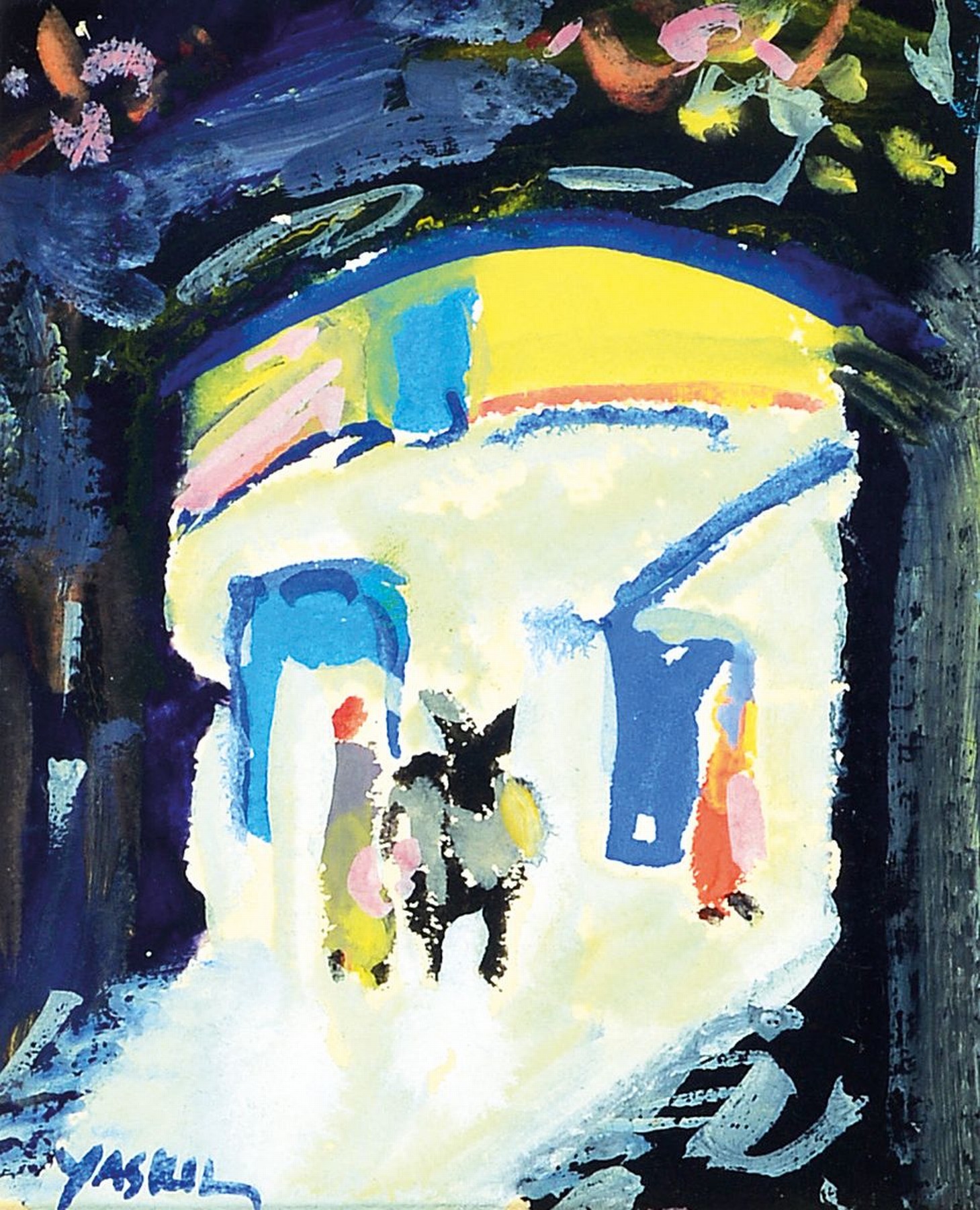 Amos Yaskil, zeitgen. Künstler aus Israel, geb. 1935, Szene aus Nazareth, Gouache auf Papier, links unten signiert, ca. 14x11cm, PP,u.Gl., R. ca. ...