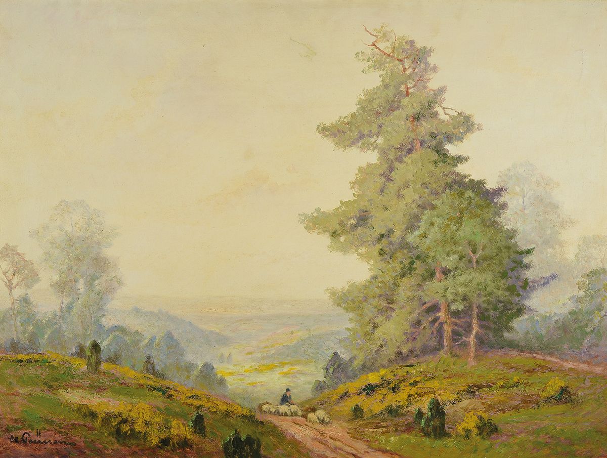Clemens Prüssen, 1888-1966 Köln, Studium an den Akademien Düsseldorf, München und Karlsruhe, hier: Schäfer mit seiner Herde in Eifellandschaft, ...