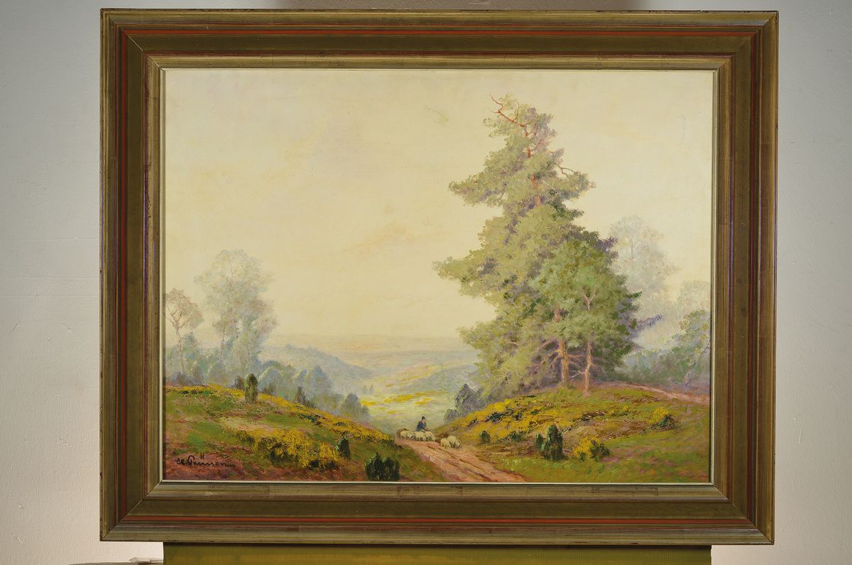 Detail k: Clemens Prüssen, 1888-1966 Köln, Studium an den Akademien Düsseldorf, München und Karlsruhe, hier: Schäfer mit seiner Herde in Eifellandschaft, ...