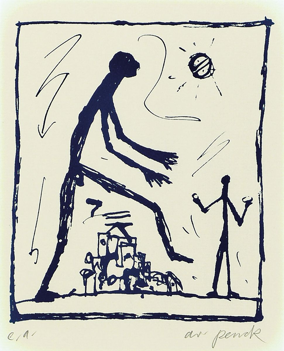 A.R. Penck, 1939-2017,, Farbserigrafie, aus der Mappe Skizzen von 1968. Überarbeitet" 1979, 99er Auflage, handsigniert, num. e.a., Edition ...