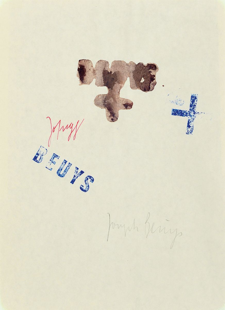 Joseph Beuys, 1921-1986,, Aquarell und Stempel, blauer Kreuzstempel und Schriftzug, in rotem Stift und Bleistift handsigniert Joseph und Joseph ...