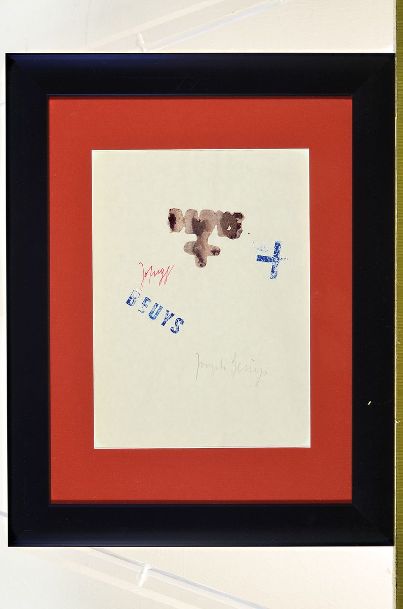 Detail k: Joseph Beuys, 1921-1986,, Aquarell und Stempel, blauer Kreuzstempel und Schriftzug, in rotem Stift und Bleistift handsigniert Joseph und Joseph ...