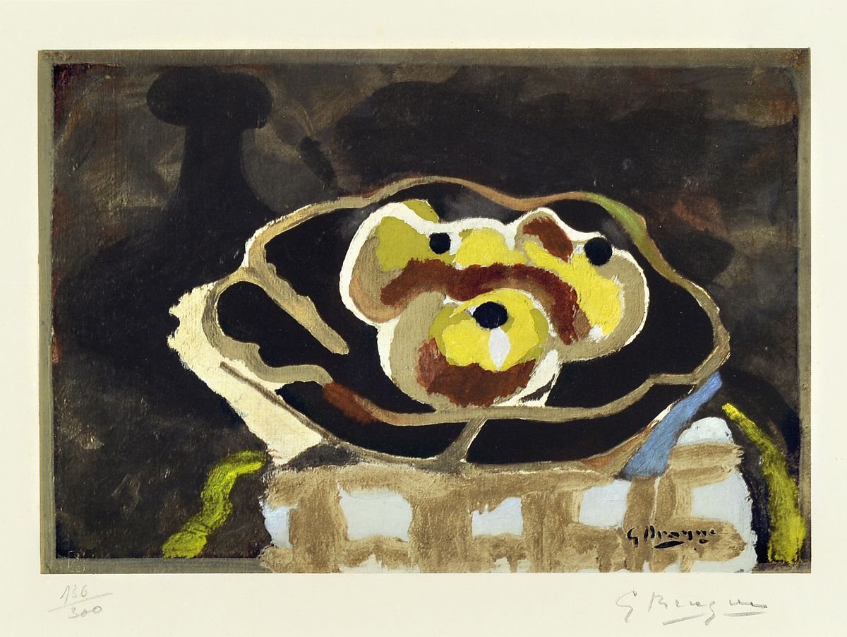 George Braque, 1882-1963,, Farbcollotypie, auf Arches, mit Trockenstempel des Herausgebers, num. 136/300, handsigniert, 49 x 64 cm, unter Glas, ...