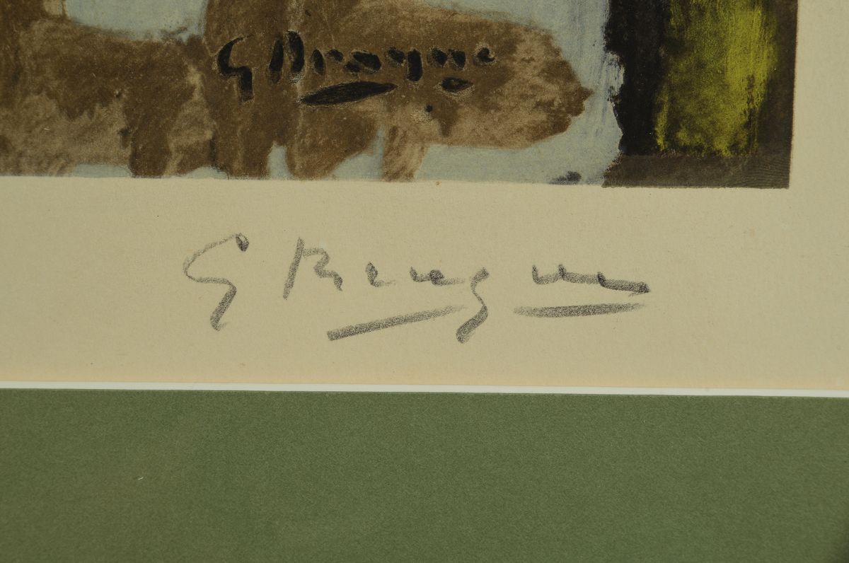 Detail a: George Braque, 1882-1963,, Farbcollotypie, auf Arches, mit Trockenstempel des Herausgebers, num. 136/300, handsigniert, 49 x 64 cm, unter Glas, ...