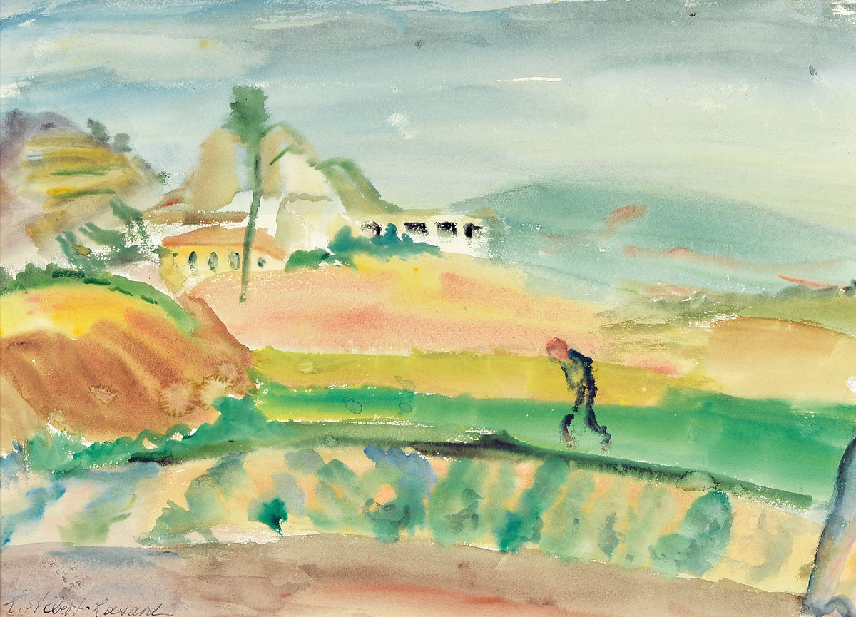 Loulou ALbert-Lasard, 1885 Metz - 1969 Paris, südliche Landschaftsdarstellung, bez. Valldalid, Inventarnr. 397, Landschaft mit Spaziergänger, li. ...