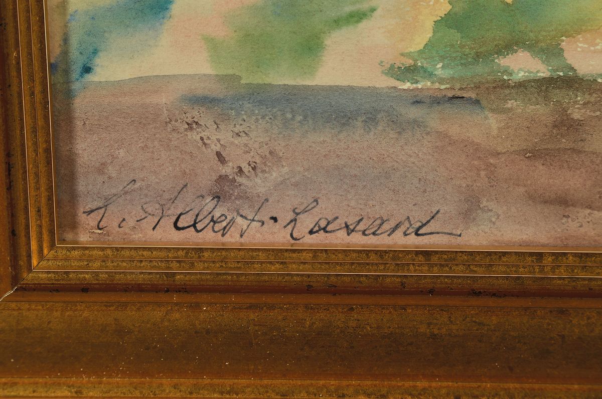 Detail a: Loulou ALbert-Lasard, 1885 Metz - 1969 Paris, südliche Landschaftsdarstellung, bez. Valldalid, Inventarnr. 397, Landschaft mit Spaziergänger, li. ...