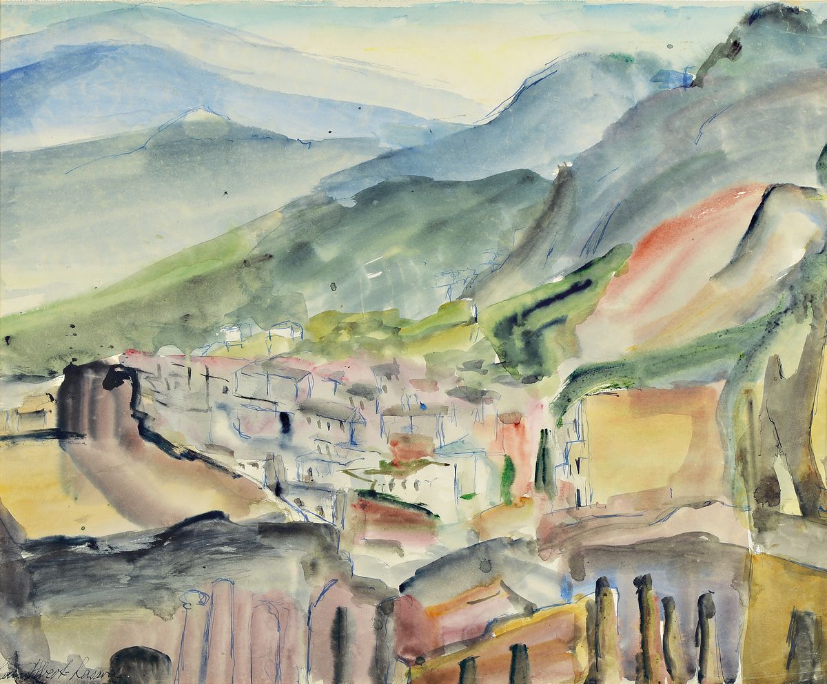 Loulou Albert-Lasard, 1885 Metz - 1969 Paris, Tormina bezeichnet, und dat. 1936 rückseitig, Aquarell, südliche Landschaft am Gebirge, ca, 42 x 52 ...