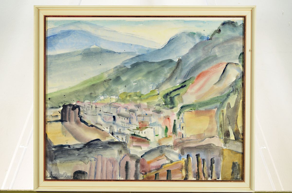 Detail k: Loulou Albert-Lasard, 1885 Metz - 1969 Paris, Tormina bezeichnet, und dat. 1936 rückseitig, Aquarell, südliche Landschaft am Gebirge, ca, 42 x 52 ...