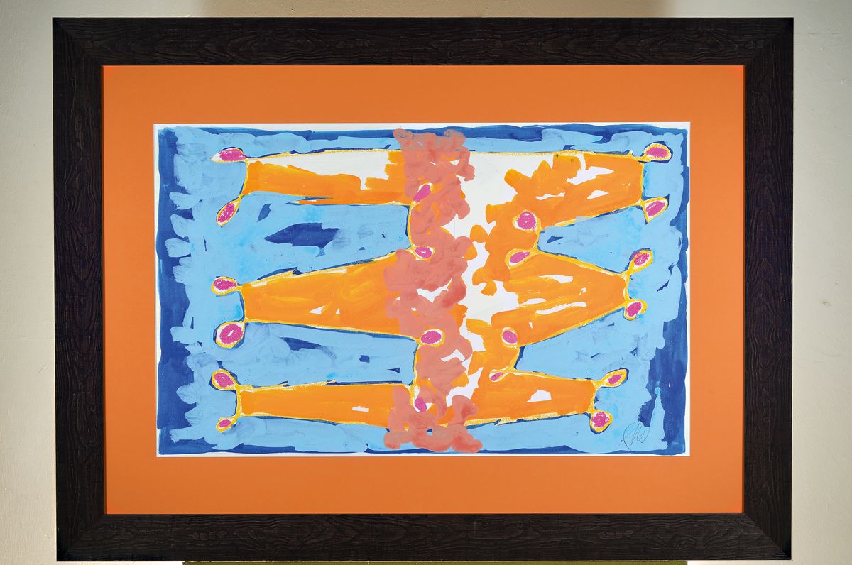 Detail k: Markus Lüpertz, geb. 1941, Gouache auf Karton, handsigniert, aus dem Jahre 1992, Blattmaß ca. 61 x 91 cm, unter Glas, Rahmen 84 x 113 cm