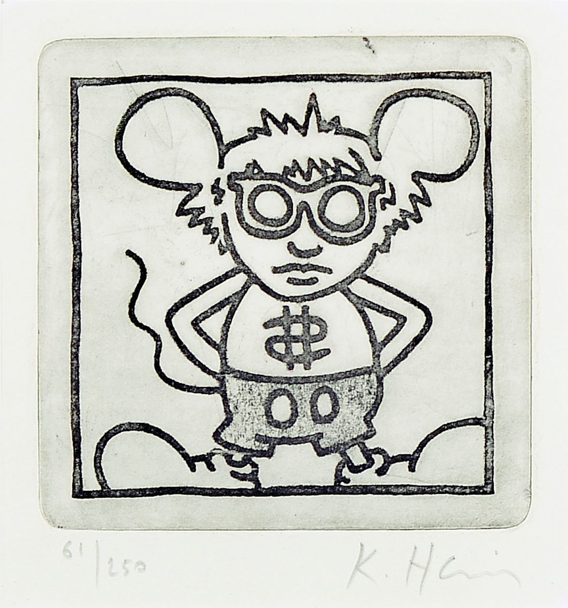 Keith Haring, 1958- 1990, Radierung auf Büttenpapier, handsigniert, num. 61/250, Blattgr. 26 x 24 cm, unter Glas, Rahmen: 45 x 45 cm