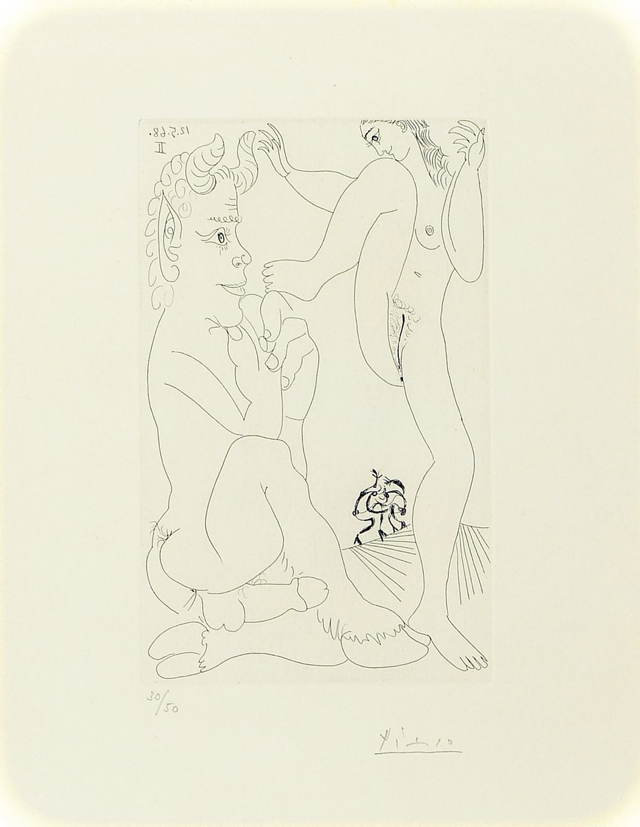 Pablo Picasso, 1881 - 1973, Faune et Bacchante, avec Combat de Faunes, (aus der Suite 347 "Dans l'Atelier")Aquatinta und ...
