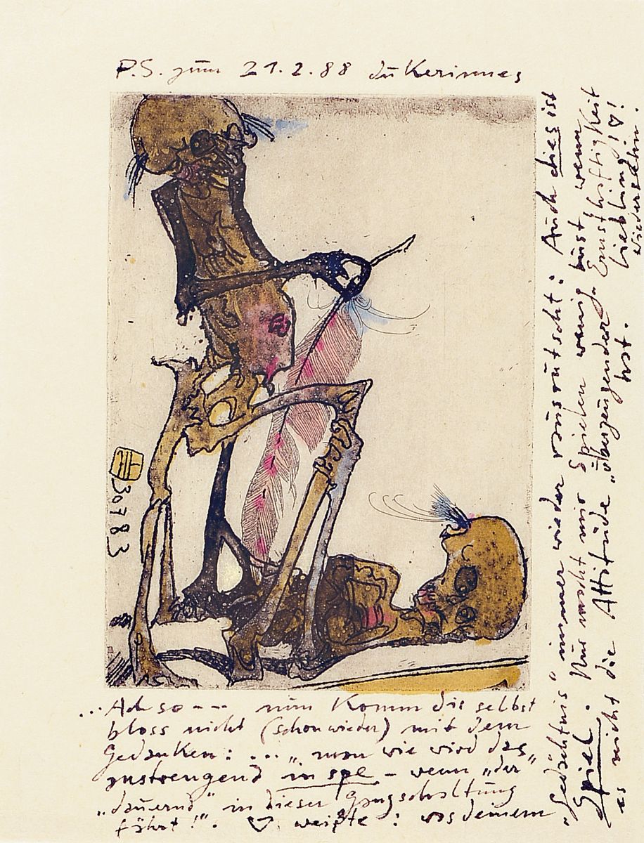 Horst Janssen, 1929 - 1995, Aquarell über Radierung, mit vielen handschriftlichen Bemerkungen des Künstlers, handsigniert, dat. 21.2.88, 24 x 16, ...