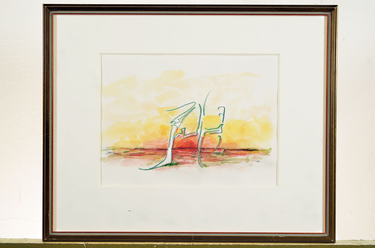 Detail k: Horst Janssen, 1929 - 1995, Aquarell und Buntstift, In italien vor Sonnenuntergang, ca. 14x 19 cm, um 1970, unter Glas Rahmen ca. 25 x 31 cm