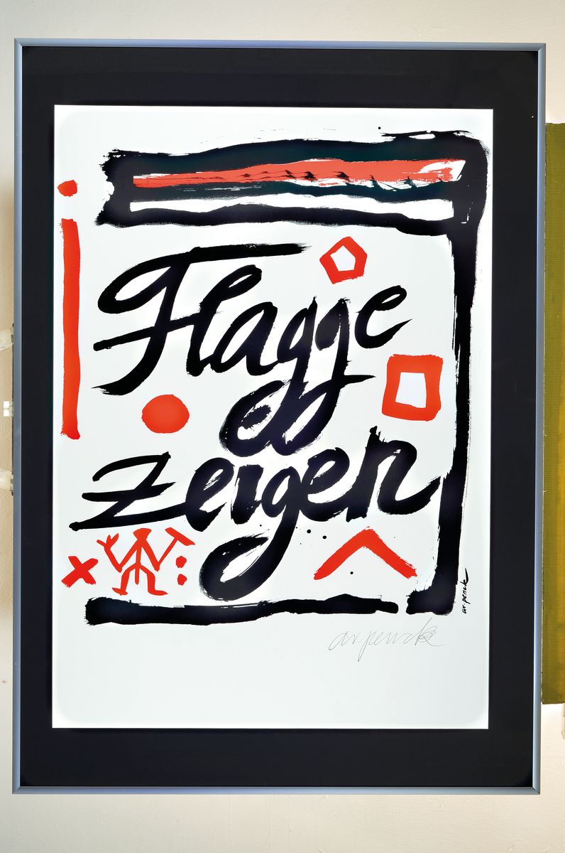 Detail k: A.R. Penck, geb. 1939 in Dresden - 2017, "Flagge zeigen", Farbserigraphie, 1995, nur 35 handsignierte Blätter, ca. 84 x 59.5 cmunter Glas, ...