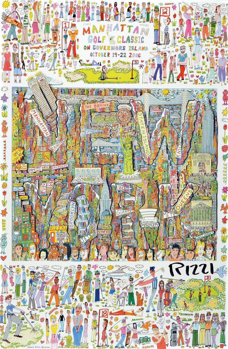 James Rizzi, 1950- 2011, "Manhatten Golf Classic", Offset auf Hochglanzpapier, handsigniert, zum ersten jährlich stafflindenen Golf ...