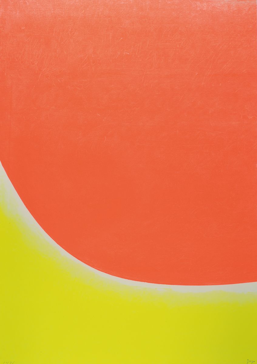 Rupprecht Geiger, 1908-2009, Serigraphie in kleiner Auflage, dünner Karton,num. 21/35, handsigniert, ca. 84 x 59.5 cm, unter Glas, Rahmen: 107x77 cm