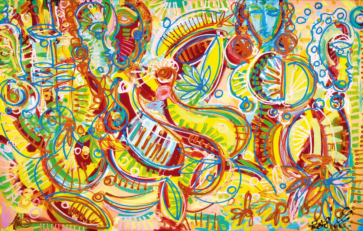 Leon Löwentraut, geb. 1998, 12-Farben Pigmentdruck, "Caribbean Flair", auf Leinwand, von Hand übermalt, daher Unikatcharakter, ...