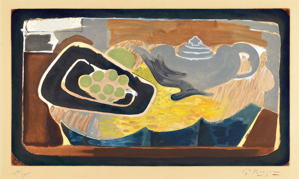 Georges Braque, 1882-1963, Titel: Theiere et raisins, Farbaquatintaradierung, re. u. handsign., num. 102/200, WVZ Maeght 1022, unter Glas gerahmt, ...