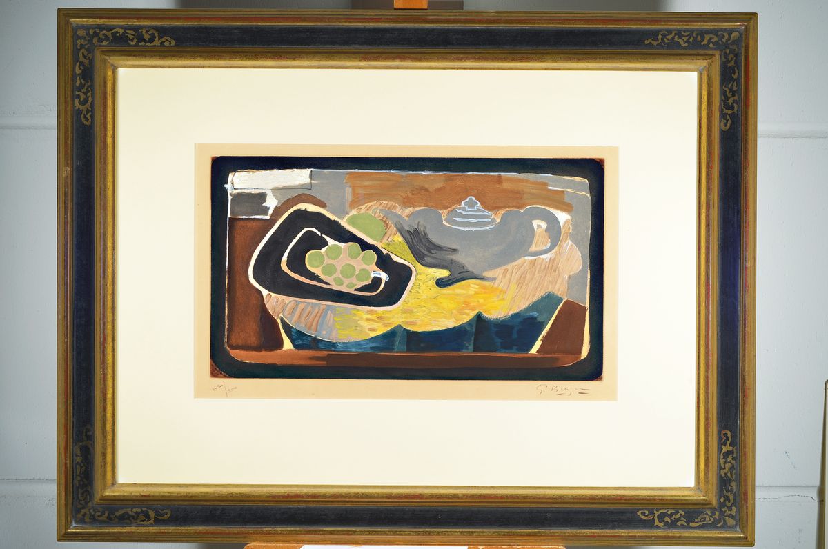 Detail k: Georges Braque, 1882-1963, Titel: Theiere et raisins, Farbaquatintaradierung, re. u. handsign., num. 102/200, WVZ Maeght 1022, unter Glas gerahmt, ...